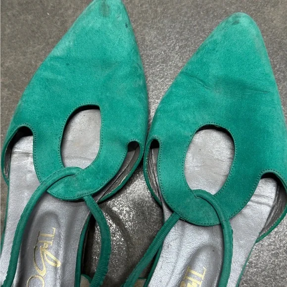 Vintage D’Orsay Flats Women Size 9 Teal Leather Suede Pointed Toe Low Heels - Picture 4 of 6